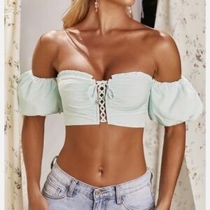 Oh Polly Mint Off-Shoulder Puff Sleeve Top
